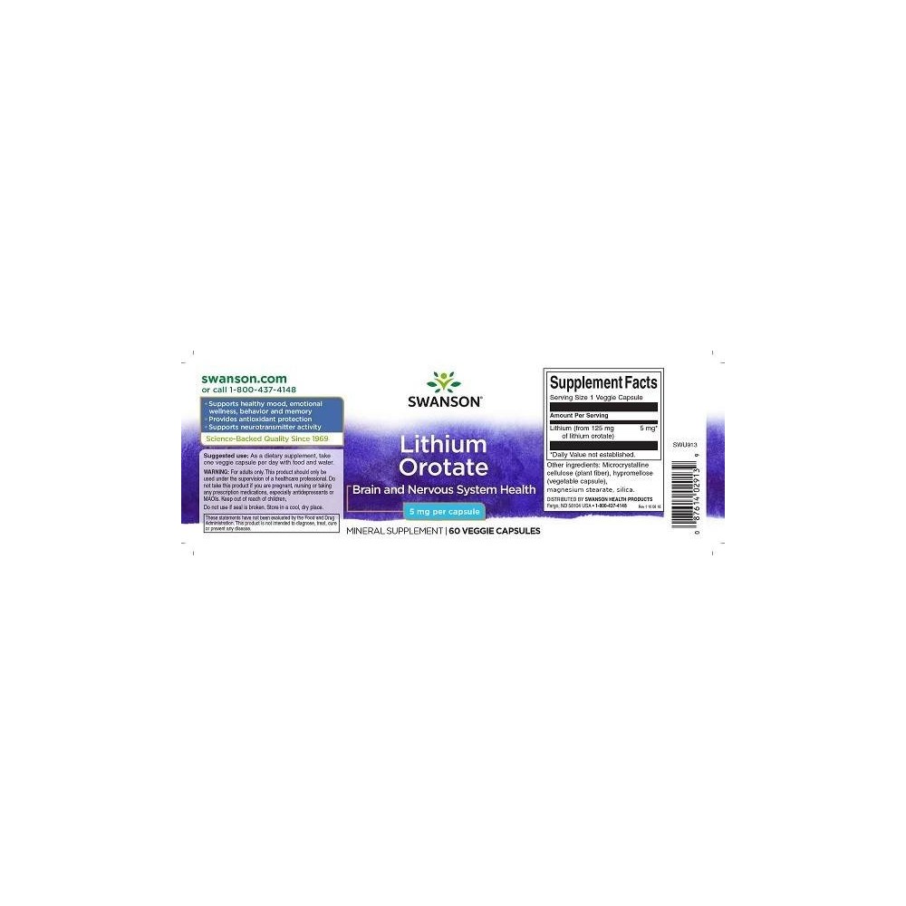 Ultra Litiu Orotat 5 Mg 60 Capsule, Swanson Litiu Orotat beneficii: sprijina starea de spirit sanatoasa, sanatatea emotionala, c
