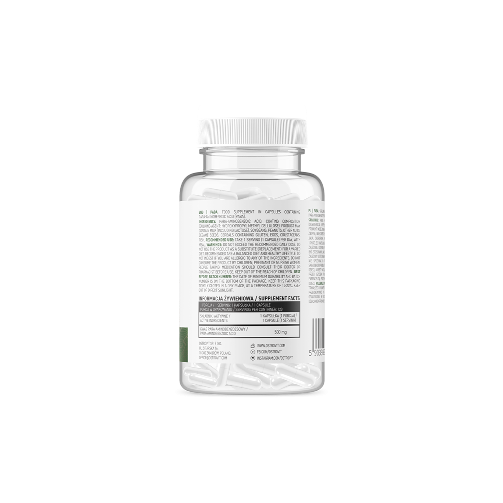 OstroVit PABA Vege, 500 mg, 120 Capsule Beneficii PABA: este benefic pentru piele, beneficii antioxidante, sprijina sanatatea si