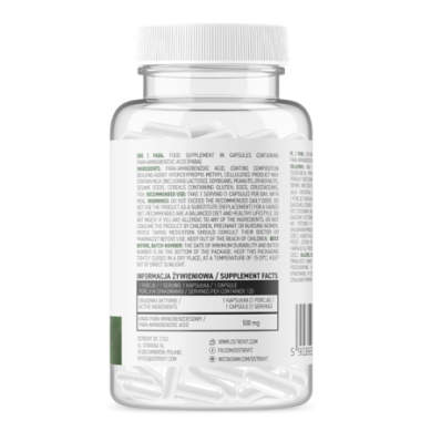 OstroVit PABA Vege, 500 mg, 120 Capsule Beneficii PABA: este benefic pentru piele, beneficii antioxidante, sprijina sanatatea si