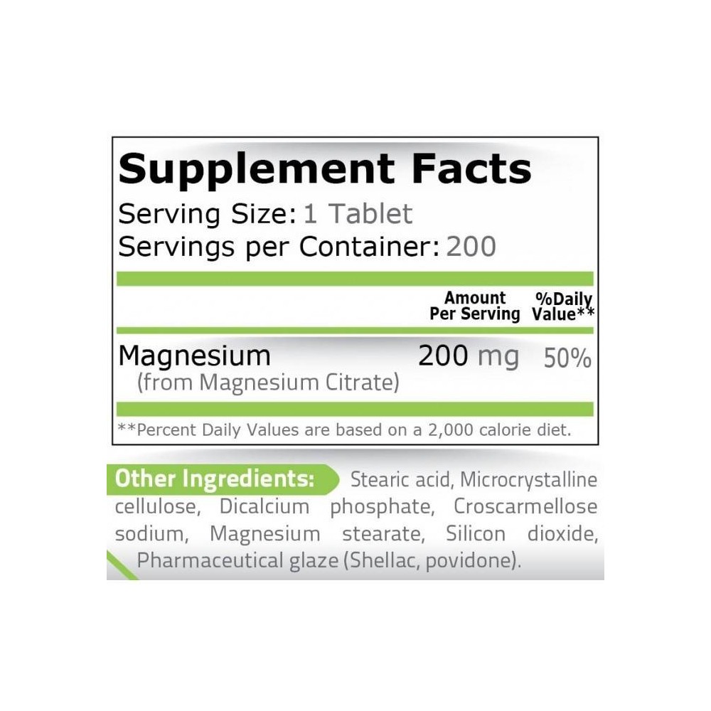 Pure Nutrition USA Magneziu Citrat 200mg 200 Tablete Beneficii magneziu citrat: regleaza tensiunea arteriala, amelioreaza migren