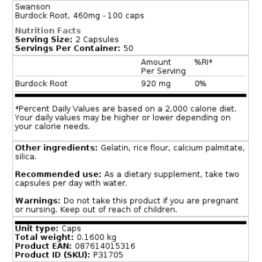 Swanson Burdock Root (Radacina de brusture) 460mg - 100 Capsule Beneficii Burdock Root (Radacina de brusture): puternic antioxid