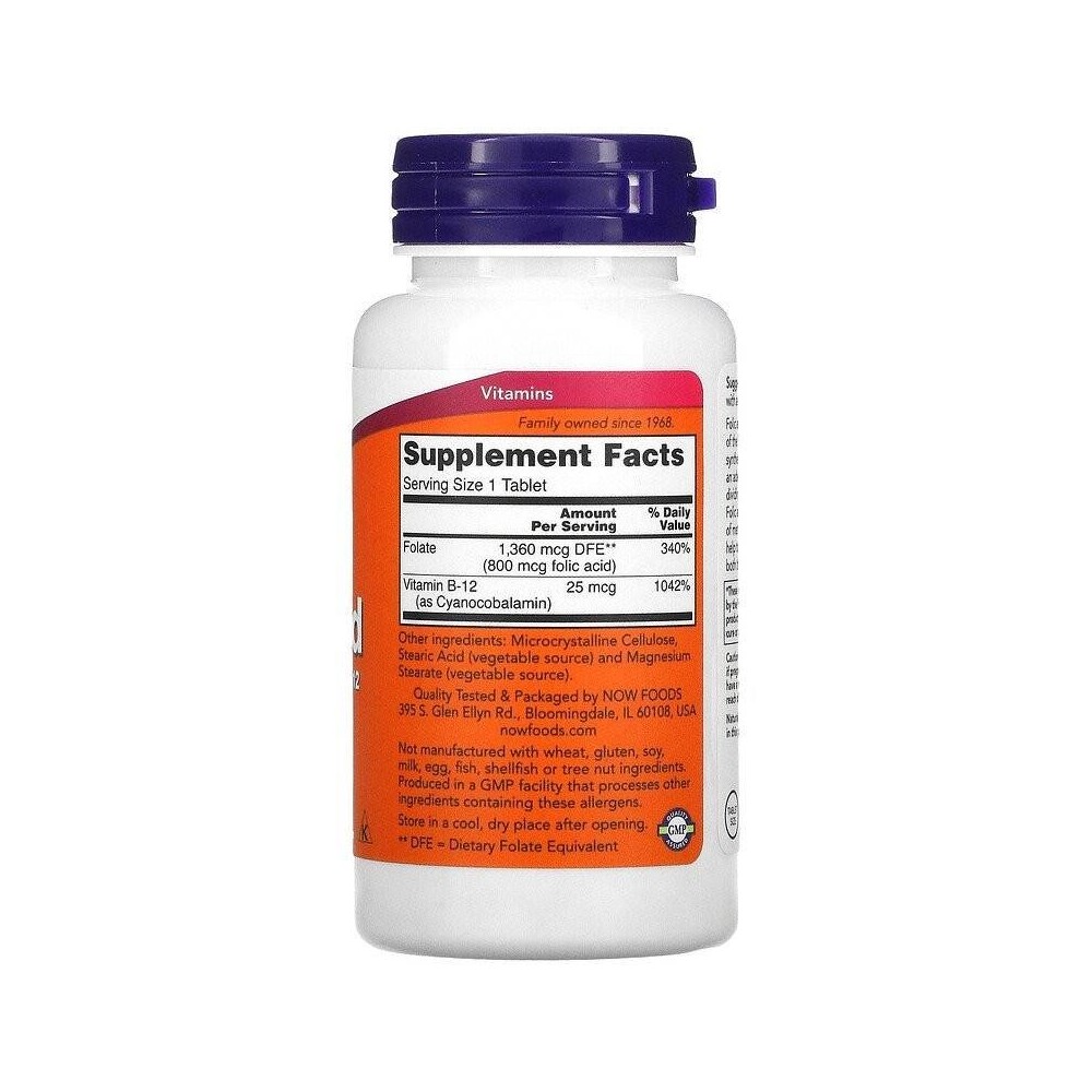 NOW Foods Folic Acid with Vitamin B12, 800mcg - 250 Tablete Beneficii acid folic &amp; vitamina B12: este esential pentru sanata