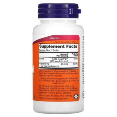 NOW Foods Folic Acid with Vitamin B12, 800mcg - 250 Tablete Beneficii acid folic &amp; vitamina B12: este esential pentru sanata