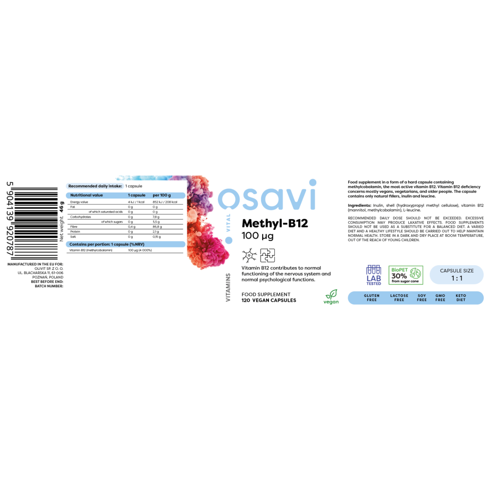 Osavi Methyl-B12 500mcg 60 Capsule Beneficii Vitamina B12: ajuta la formarea globulelor rosii si la ameliorarea anemiei, poate r