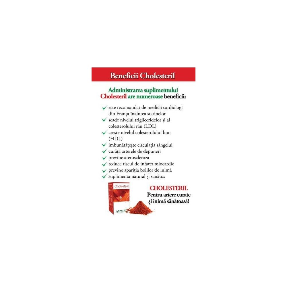 Nutrisan Cholesteril New Generation 120 Capsule (Scadere Colesterol marit si trigliceride) Beneficii Cholesteril New Generation: