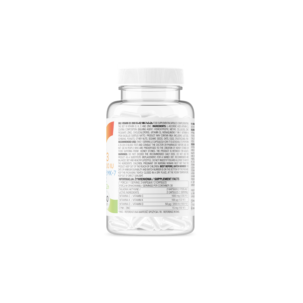 OstroVit Vitamin D3 2000 IU + K2 MK-7 + VC + Zinc - 60 Capsule Beneficii: va permite sa aveti grija de sanatate, sustine formare