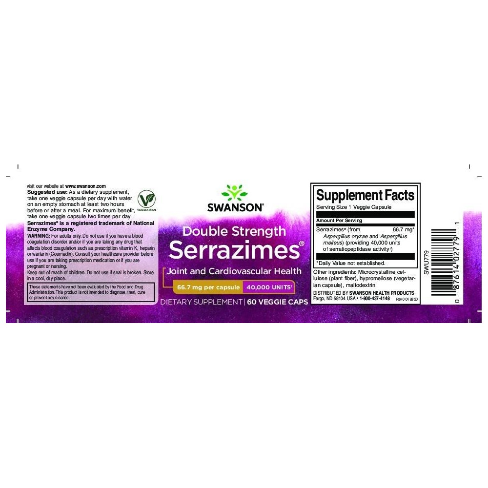 Swanson Serrazimes, 40 000 Units - 60 Capsule Beneficii Serrapeptase: poate ajuta la promovarea sanatatii oaselor si articulatii