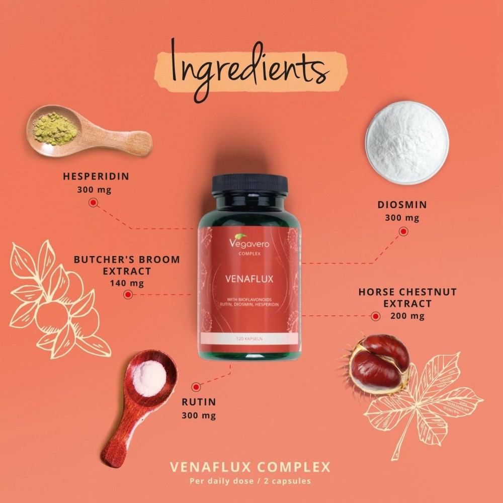 Vegavero Venaflux Complex 120 Capsule BENEFICII VENAFLUX: sprijina buna circulatie, produs din ingrediente 100% naturale, combin