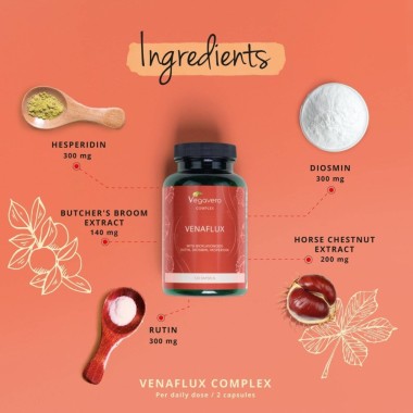 Vegavero Venaflux Complex 120 Capsule BENEFICII VENAFLUX: sprijina buna circulatie, produs din ingrediente 100% naturale, combin