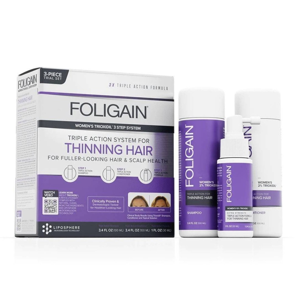 Foligain set tripla actiune, pentru caderea parului la femei, Sampon, Balsam si Lotiune Kit Trioxidil tratamentul anti caderea p Foligain set tripla actiune, pentru caderea parului la femei, Sampon, Balsam si Lotiune Kit Trioxidil tratamentul anti caderea p