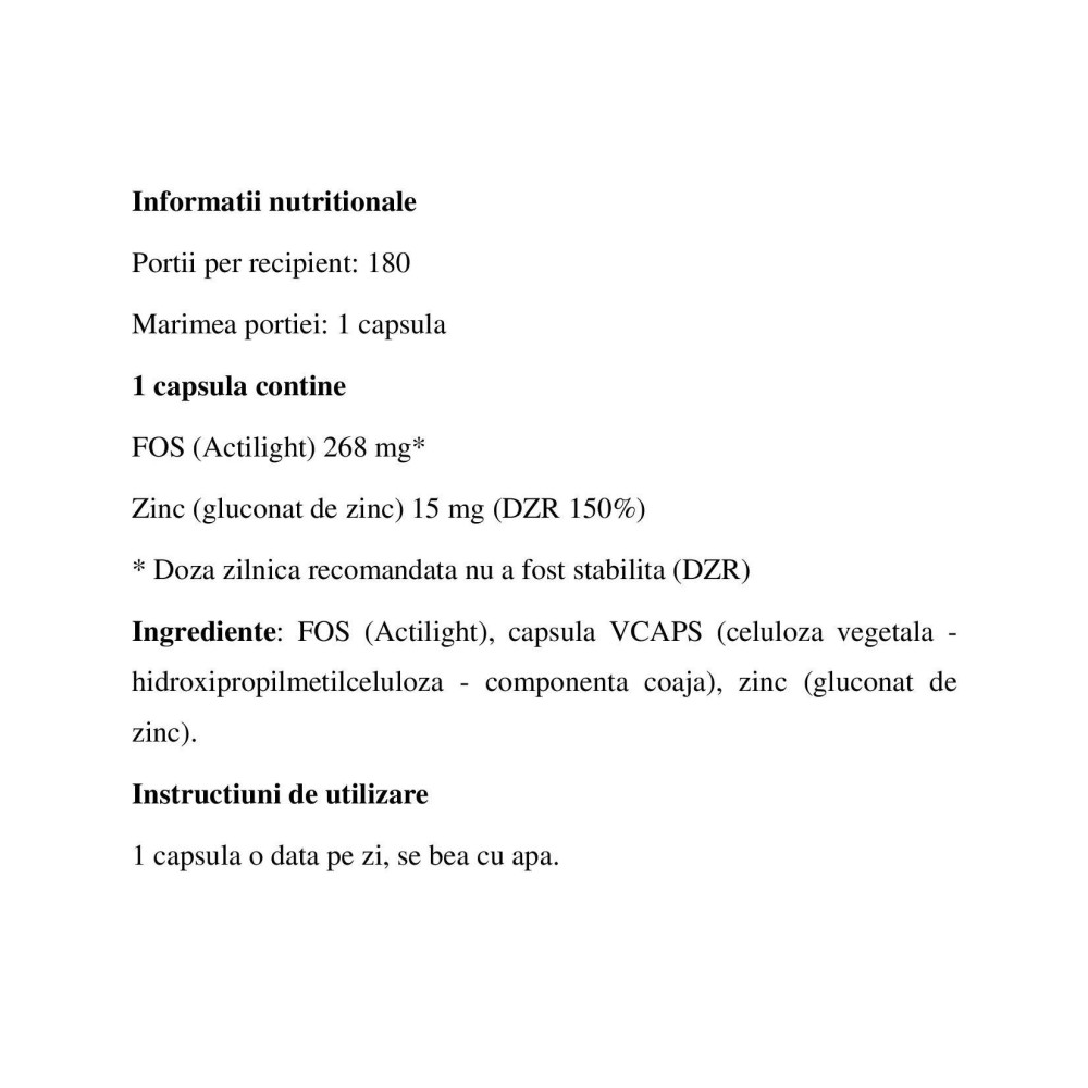 Wish Pharmaceutical Zinc Gluconate 15 mg + Prebiotic - 180 Capsule BENEFICII ZINC: reglarea proceselor metabolice si a activitat