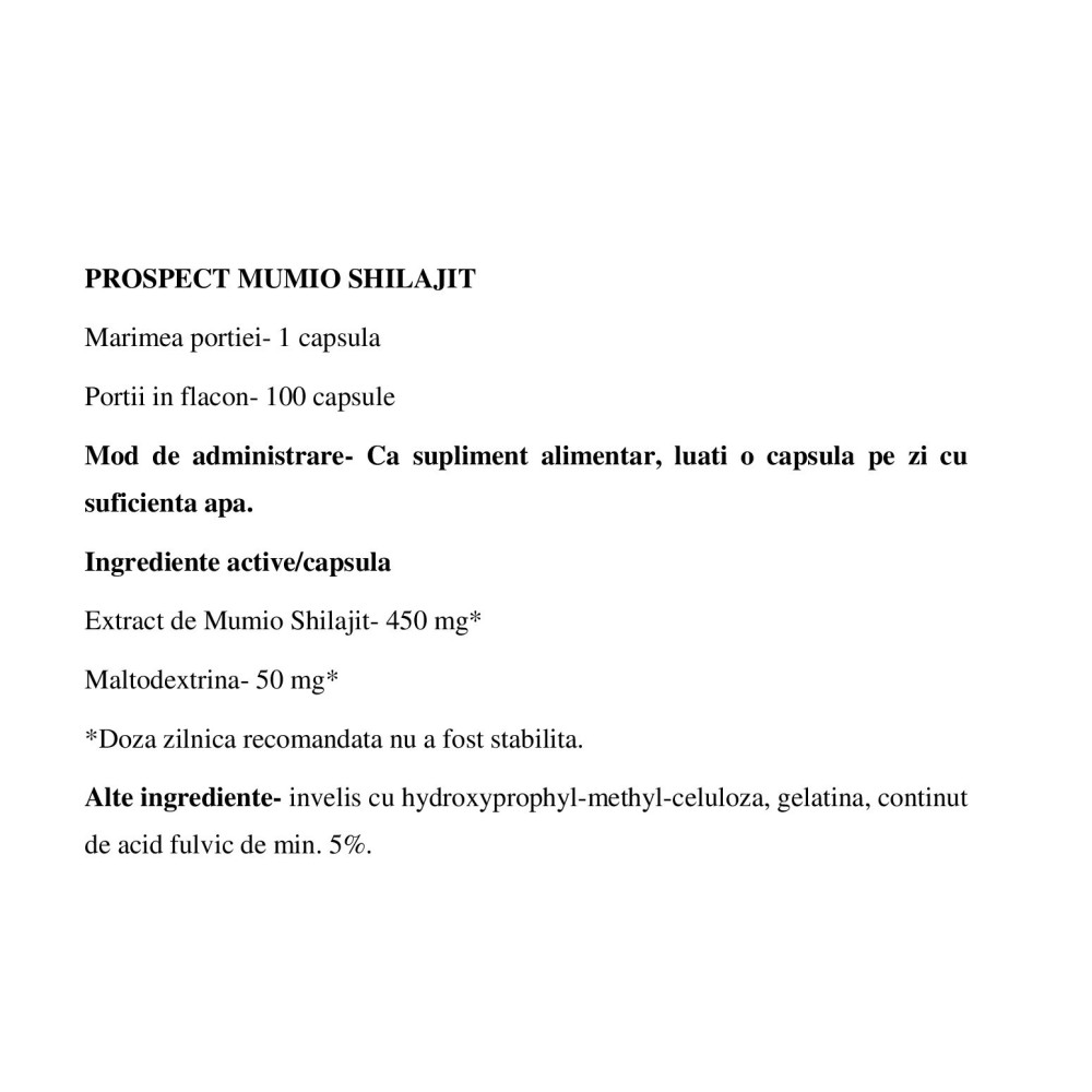 NatVita Mumio Shilajit Extract 500 mg - 100 Capsule BENEFICII MUMIO SHILAJIT- sustine sanatatea creierului, minimizeaza efectele