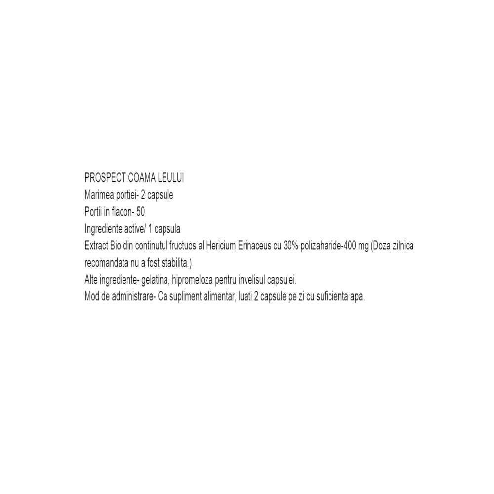 NatVita Coama Leului (extract de ciuperca) 400mg - 100 Capsules BENEFICII COAMA LEULUI- nootropic, bun antioxidant, suporta sist