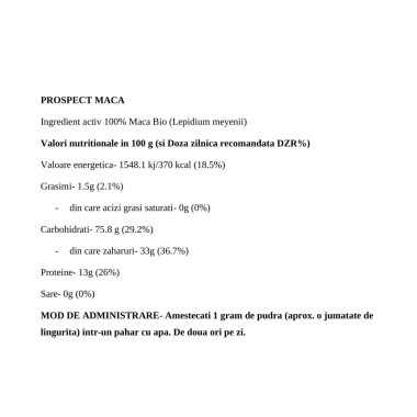 NatVita Maca Bio Raw neagra 100g BENEFICII MACA- ajuta la cresterea libidoului, benefic in reducerea disfunctiei erectile, benef