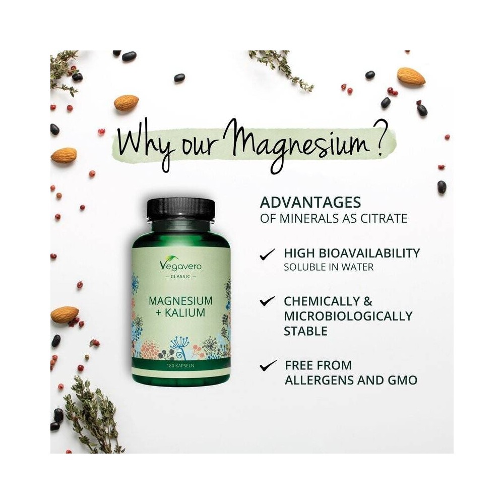 Vegavero Magneziu + Potasiu (Kalium) 180 Capsule Beneficii Magneziu + Potasiu: poate stimula performanta exercitiilor, luptă împ