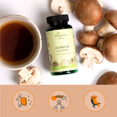 Vegavero Organic Agaricus 600 mg, 60 Capsule BENEFICII AGARICUS: sustinerea sistemului imunitar, mentinerea sanatatii aparatului