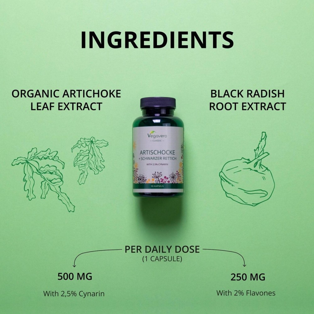 Vegavero Artichocke + Black Radish, 90 Capsule (Anghinare si Ridiche neagra) Beneficii: imbuntateste sanatatea inimii, regleaza 