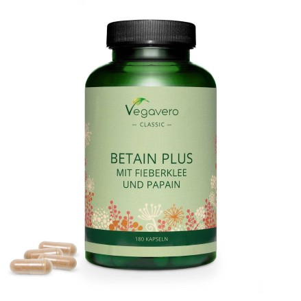 Vegavero Betain Plus 500 mg, 180 Capsule BENEFICII BETAINA PLUS: sprijina sistemul digestiv, detine proprietati antiinflamatorii