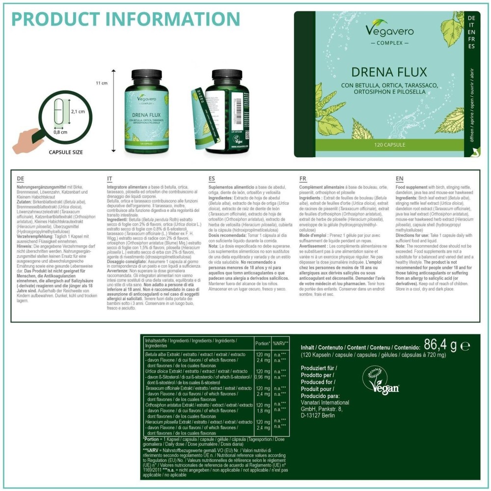 Vegavero Drenaflux Complex, 600 mg, 120 Capsule BENEFICII DRENAFLUX: reduce retentia de apa, suport natural pentru organism, com