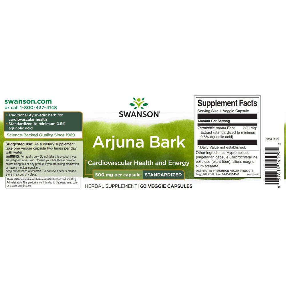 Swanson Arjuna 500mg - 60 capsule BENEFICII ARJUNA: ajuta la protejarea inimii impotriva hipertensiunii arteriale cronice, ajuta