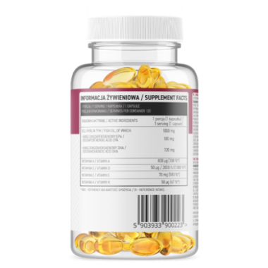 OstroVit Omega 3 + ADEK 120 capsule Proprietati: Mentinerea unui nivel adecvat de acizi grasi omega-3 si de vitamine liposolubil