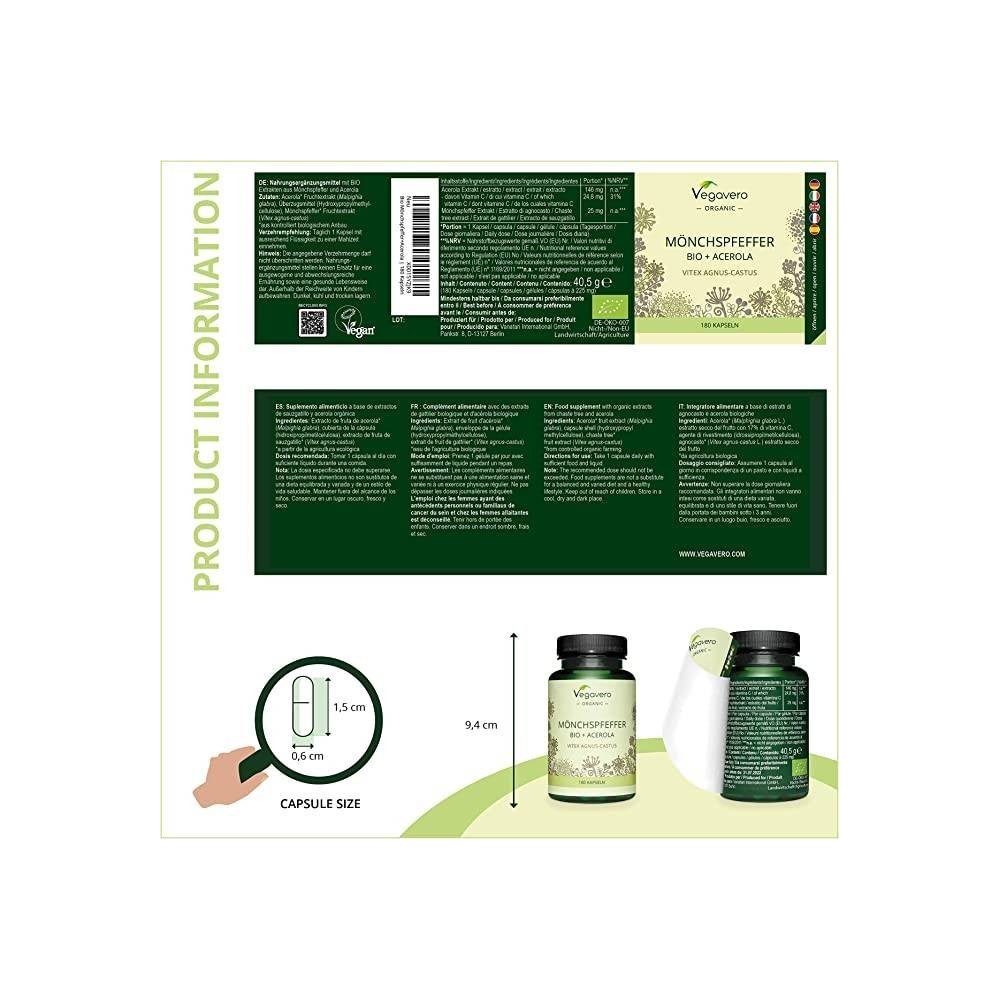 Vegavero Organic Vitex Agnus Castus, 180 Capsule BENEFICII Vitex Agnus Castus: contine un extract de fructe de vitex organic de 