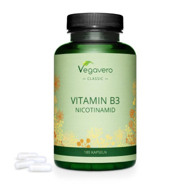 Vegavero Nicotinamide (Vitamin B3) 500 mg, 180 Capsule Nicotinamida este o forma de vitamina B3. Aceasta sustine bunastarea gene