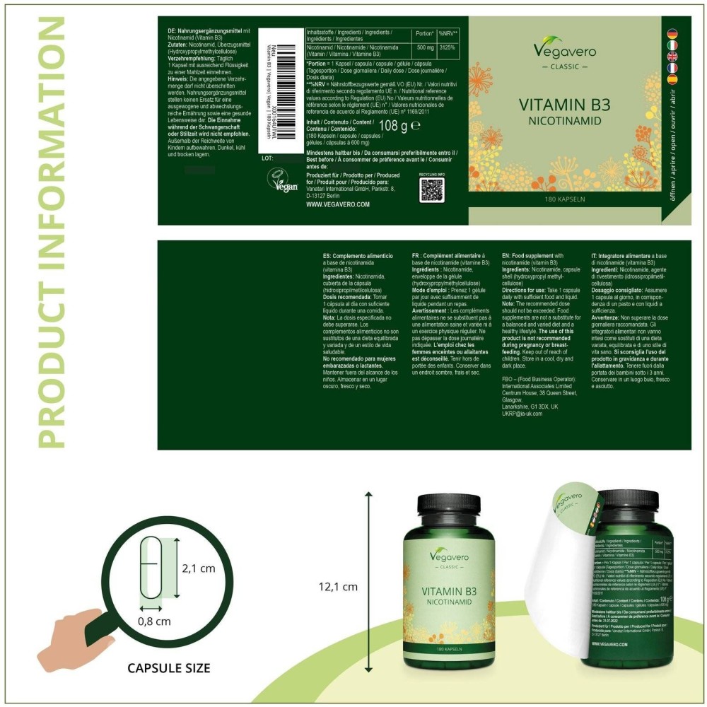 Vegavero Nicotinamide (Vitamin B3) 500 mg, 180 Capsule Nicotinamida este o forma de vitamina B3. Aceasta sustine bunastarea gene
