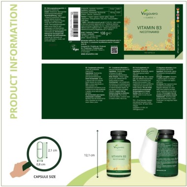 Vegavero Nicotinamide (Vitamin B3) 500 mg, 180 Capsule Nicotinamida este o forma de vitamina B3. Aceasta sustine bunastarea gene