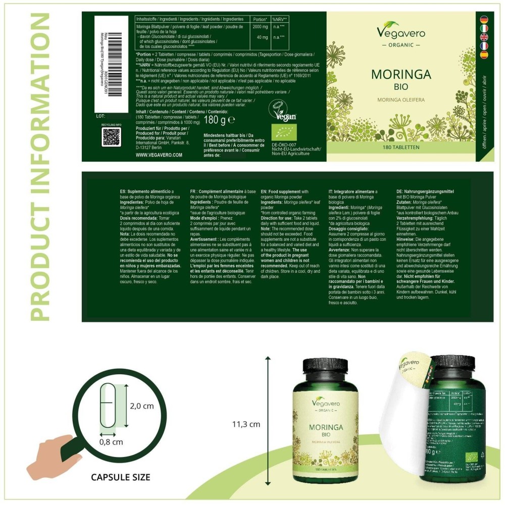 Moringa Oleifera Organic 1000 mg 180 Tablete, Vegavero Moringa Oleifera beneficii: contine antioxidanti si compusi antiinflamato