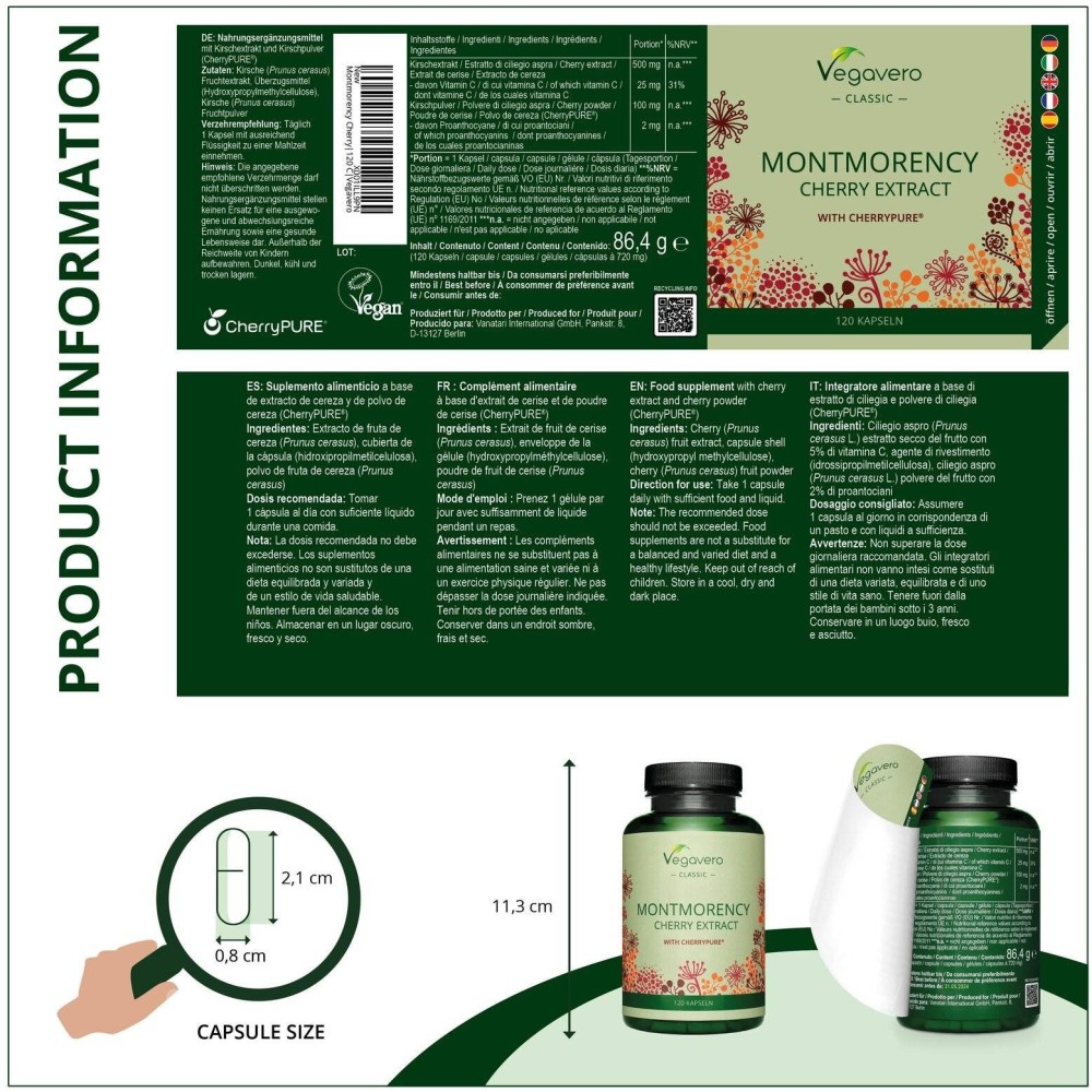 Vegavero Montmorency Cherry Extract 600 mg, 120 capsule Cireșele Montmorency conțin potasiu, fibre și o mulțime de antioxidanți 