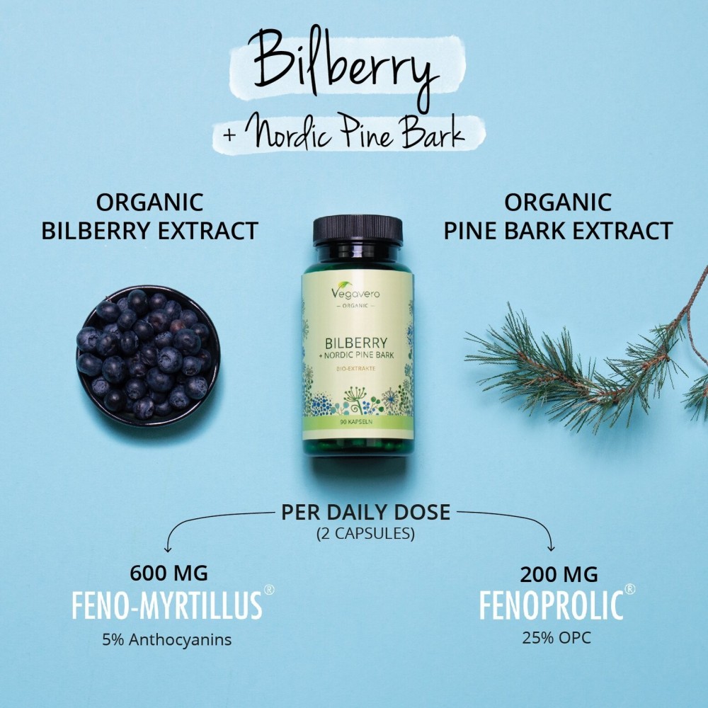 Organic Bilberry & Pine Bark, 90 Capsule (Extract de afine si extract de scoarta de pin nordic) BENEFICII- sursa de antioxidanti