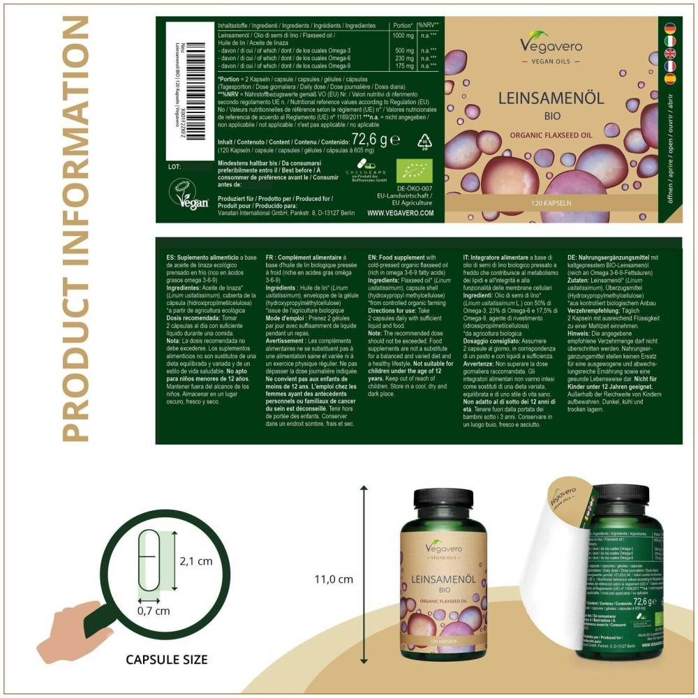 Vegavero Organic Flaxseed Oil 500 mg, 120 Capsule (Ulei din seminte de in) Uleiul din seminte de in contine in mod natural canti