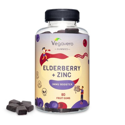 Vegavero Black Elderberry + Zinc Gummies, 80 gume BENEFICII Black Elderberry + Zinc: Gust natural de fructe, Cu zinc și fructe d